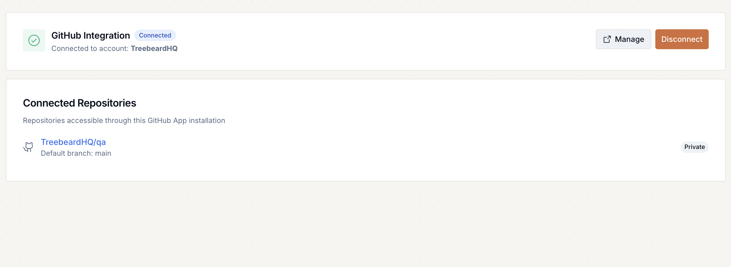 The GitHub panel once connected — account, accessible repositories, and links to each application