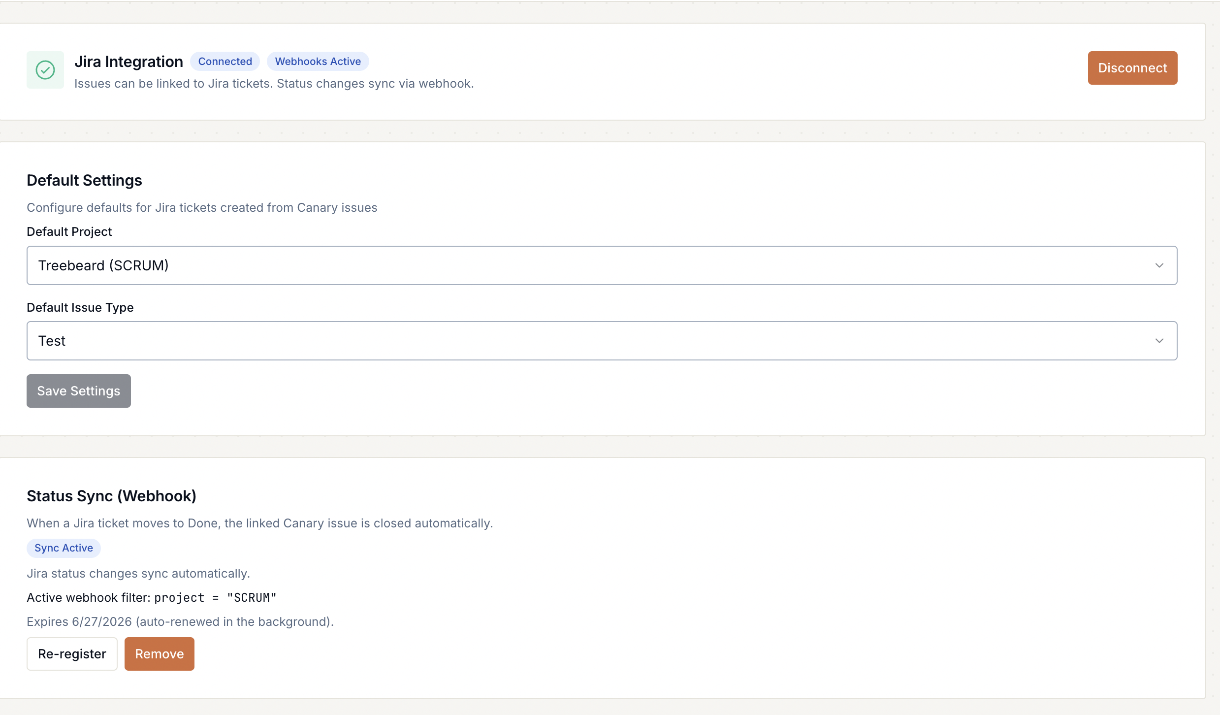 Settings → Jira — connect with OAuth, then review status-sync health