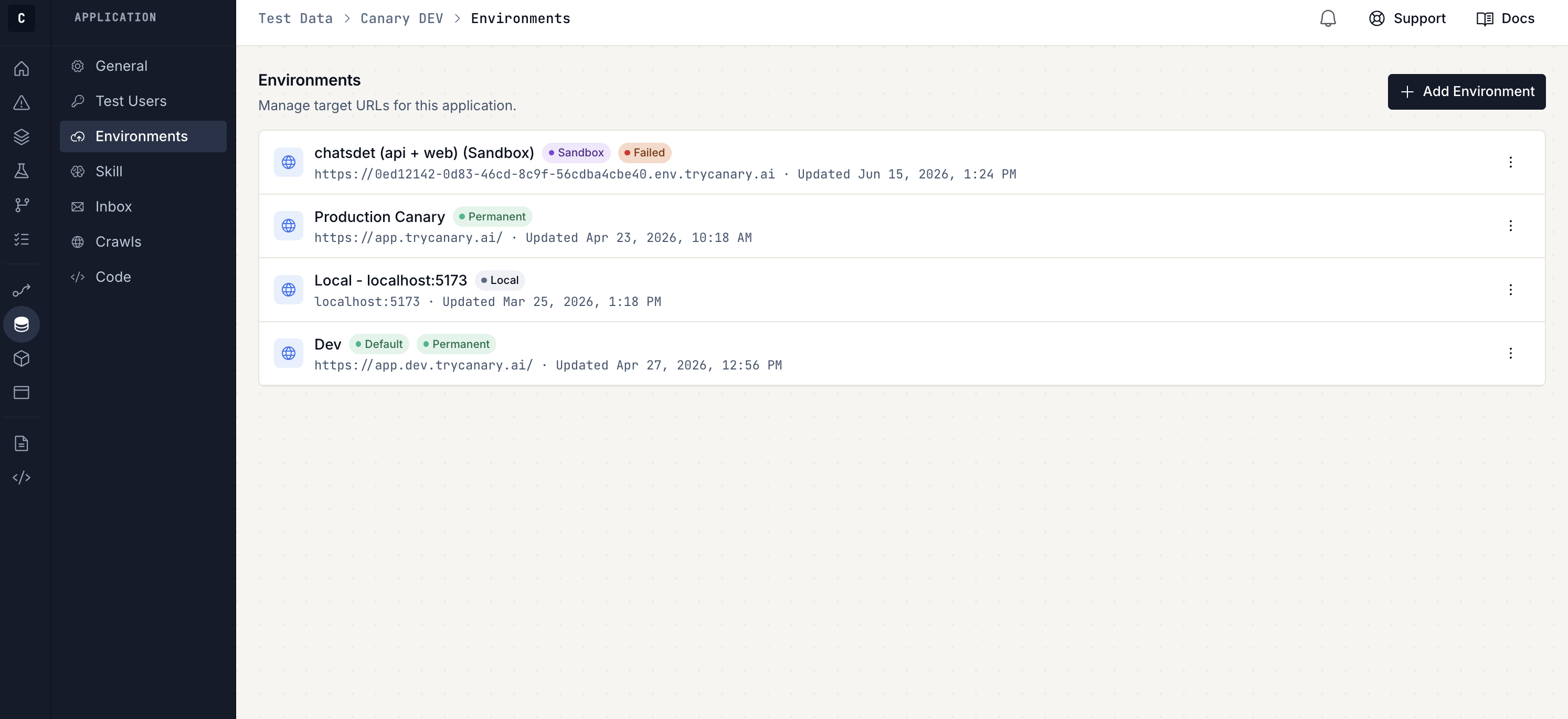 Application environments table showing permanent and ephemeral rows