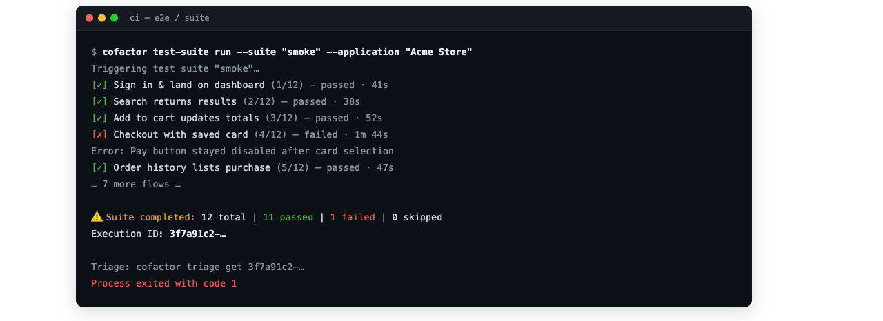 A suite run streaming in CI logs — per-flow results, then the summary and execution id