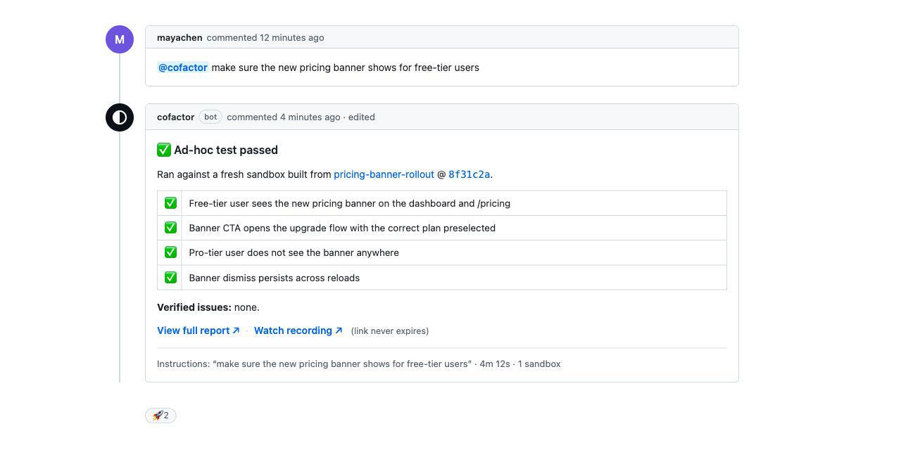 Cofactor's PR writeback — verdict, test plan, issues, and a permanent recording link