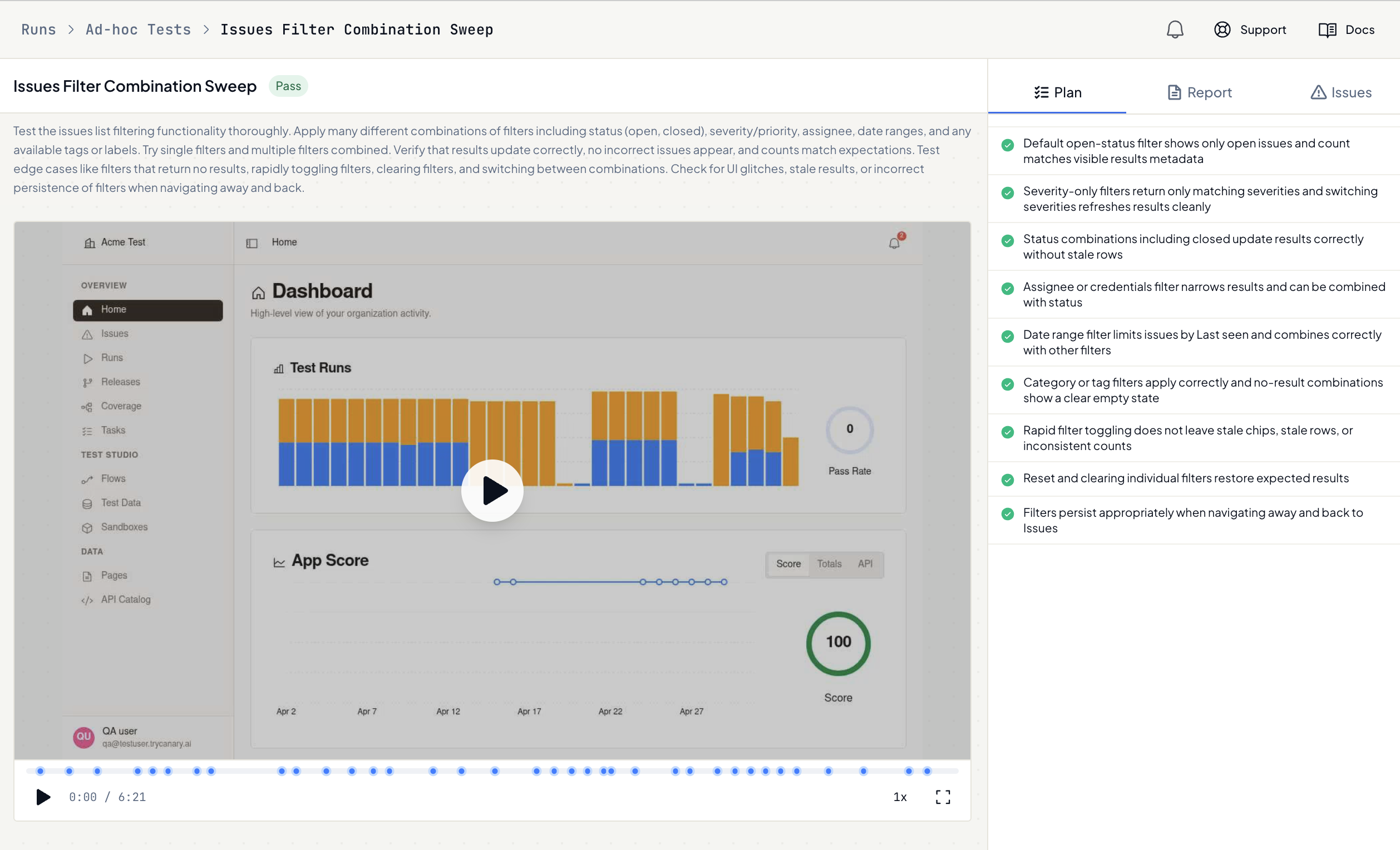 The run detail page — the recording synced to the timeline, with the Plan, Report, and Issues tabs alongside
