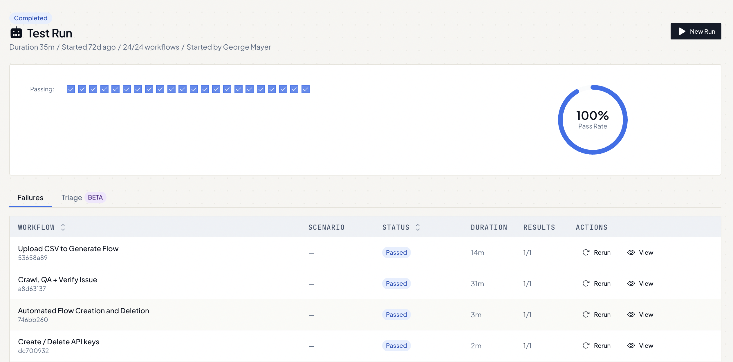 A completed suite run showing every flow passed, 24 of 24, at a 100 percent pass rate