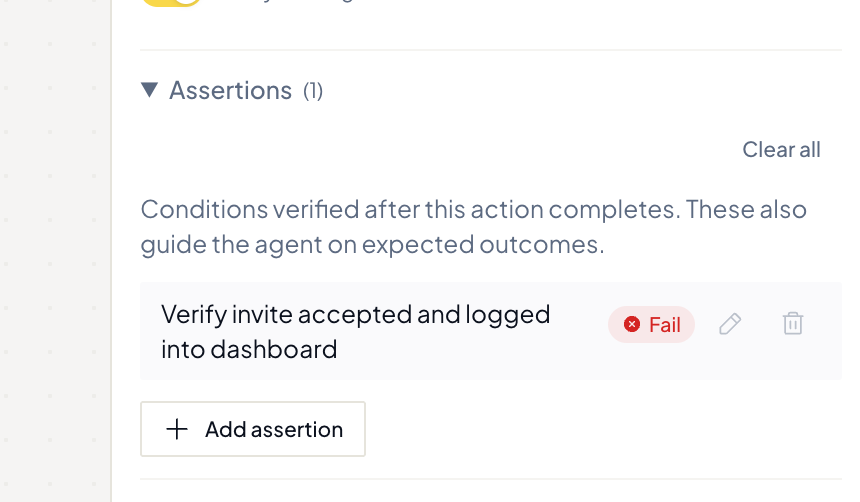 An action's inline Assertions panel with a Fail-severity check