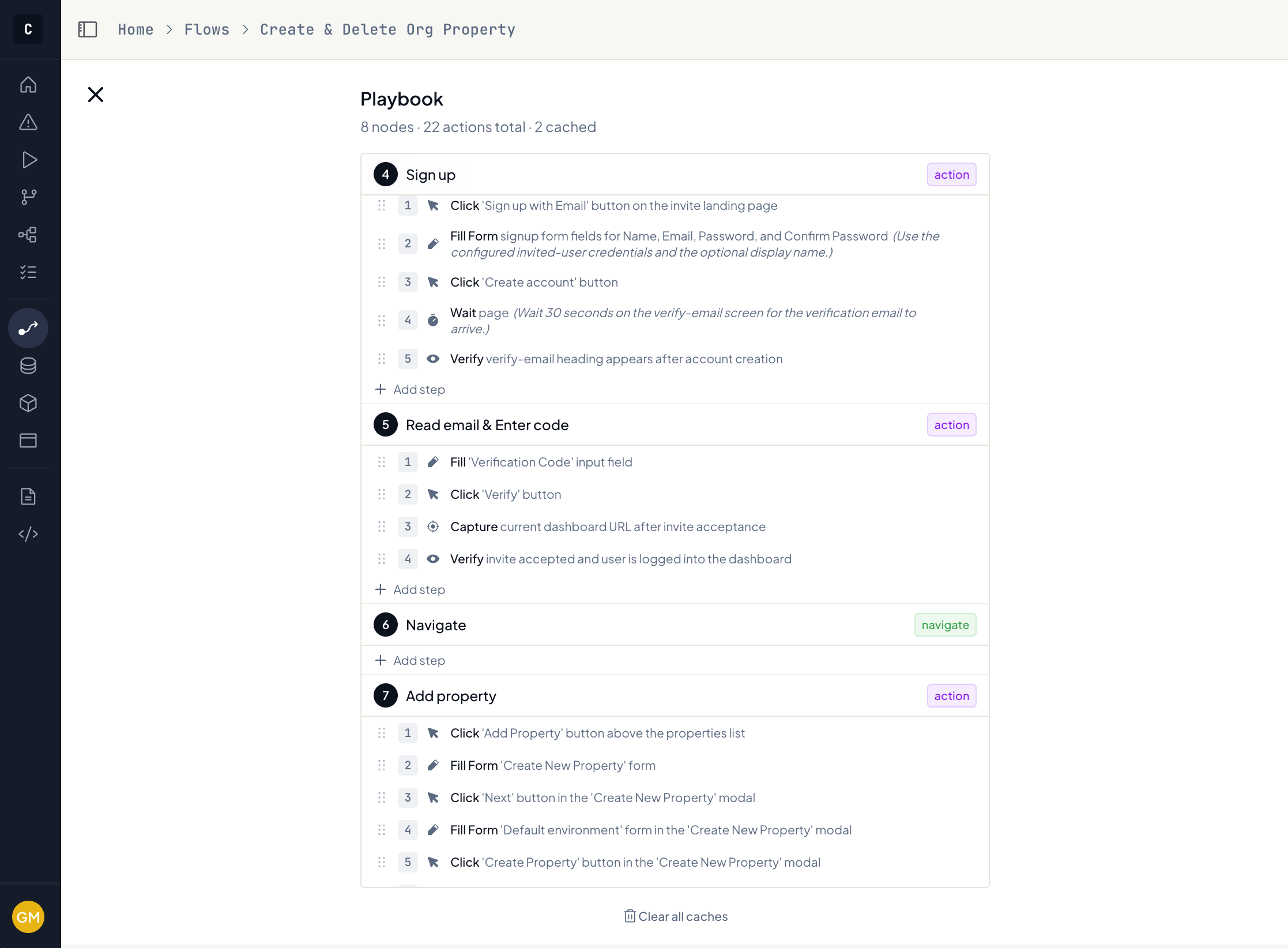 The Playbook view: each node's human-readable steps, with a count of how many are cached