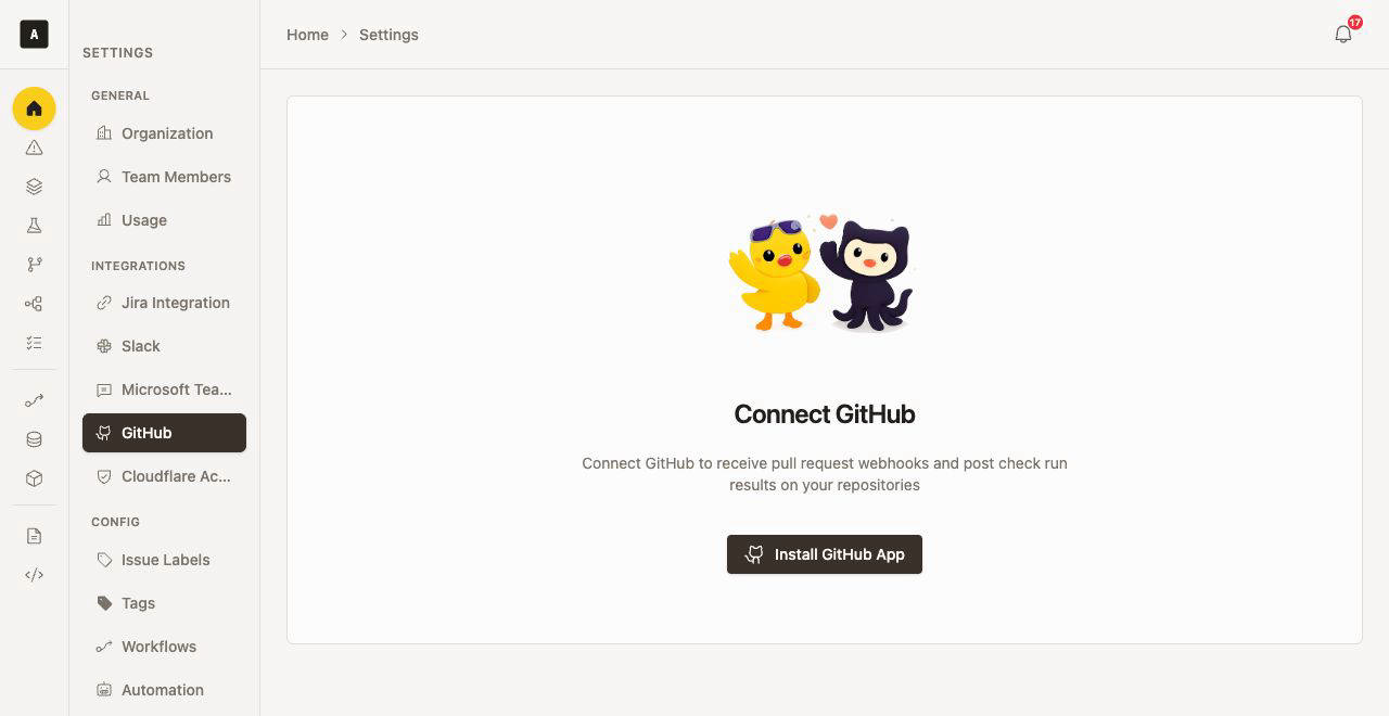 Settings → GitHub — Install GitHub App connects the repos Cofactor can read