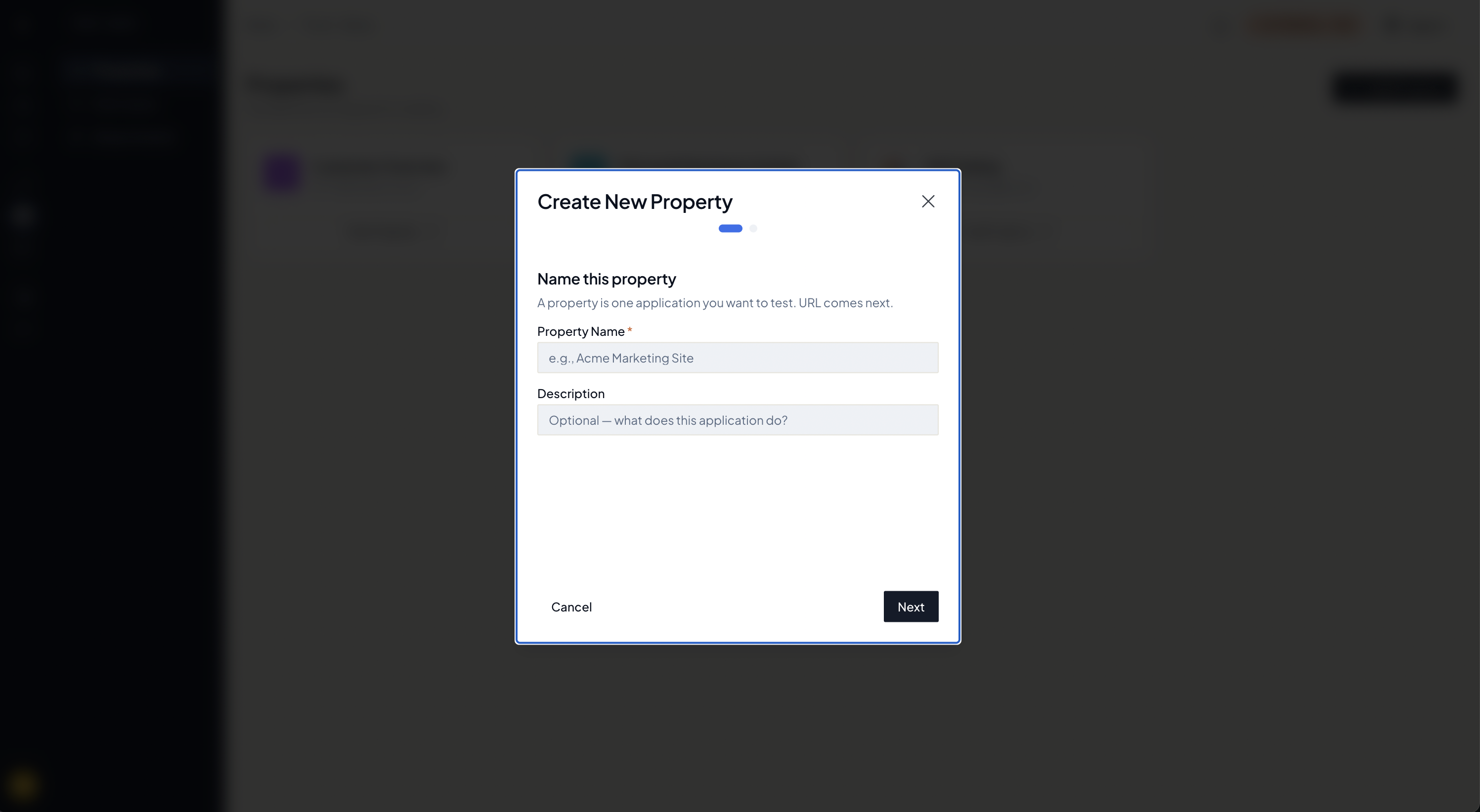 Creating a new property — give it a name and URL