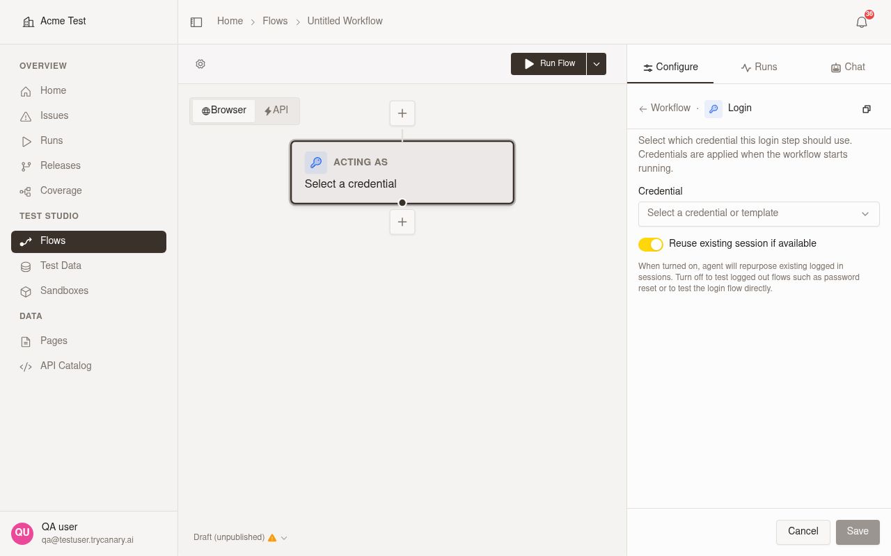 Login node credential template option in Flow Designer