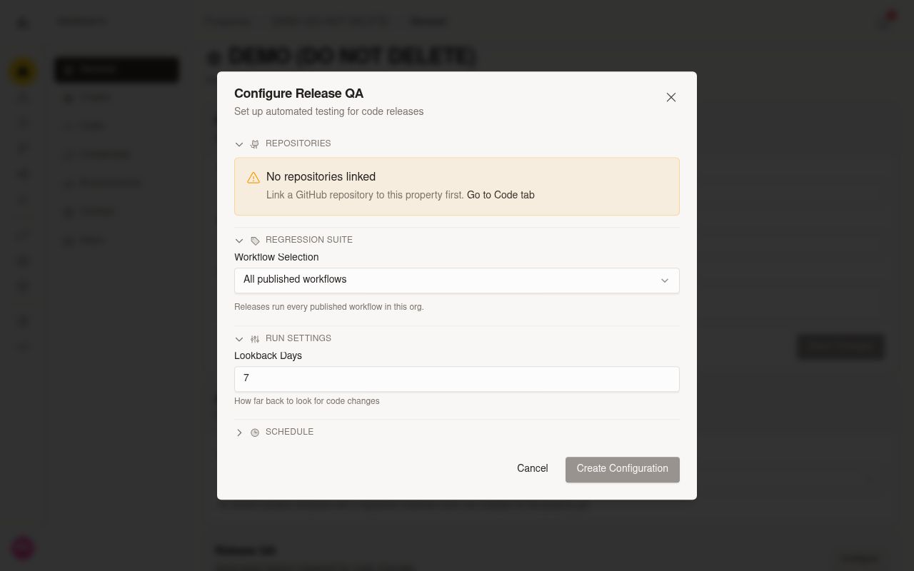Release QA configuration showing multiple linked repositories and regression tag selection