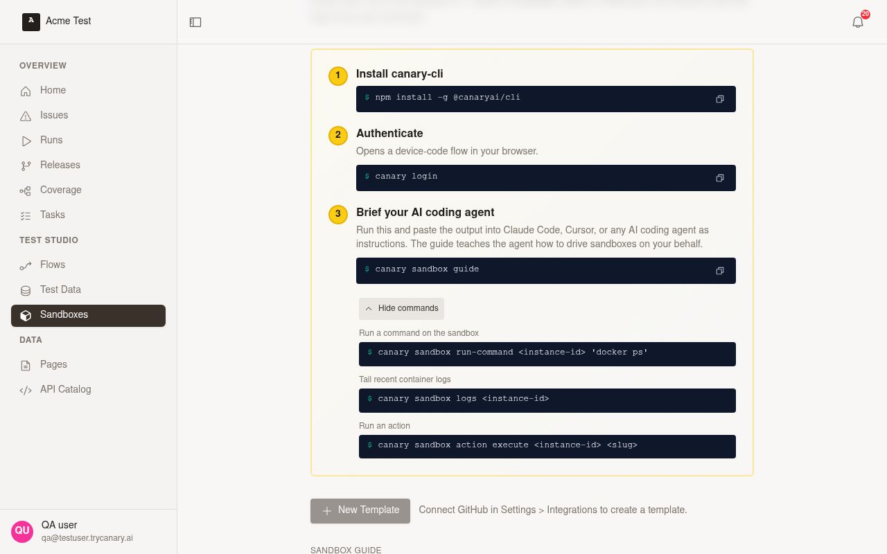 Sandbox connect drawer showing local CLI connection steps