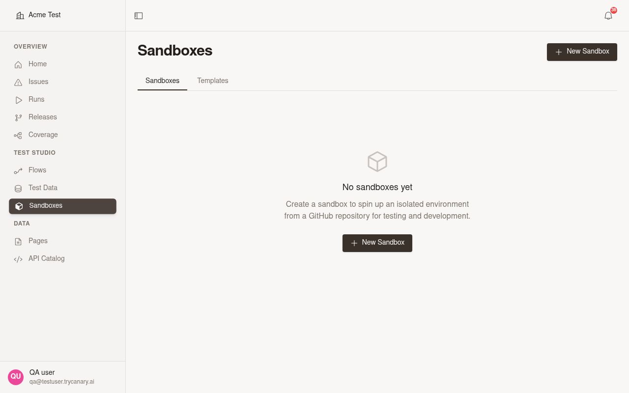 Sandbox detail page showing embedded documentation links