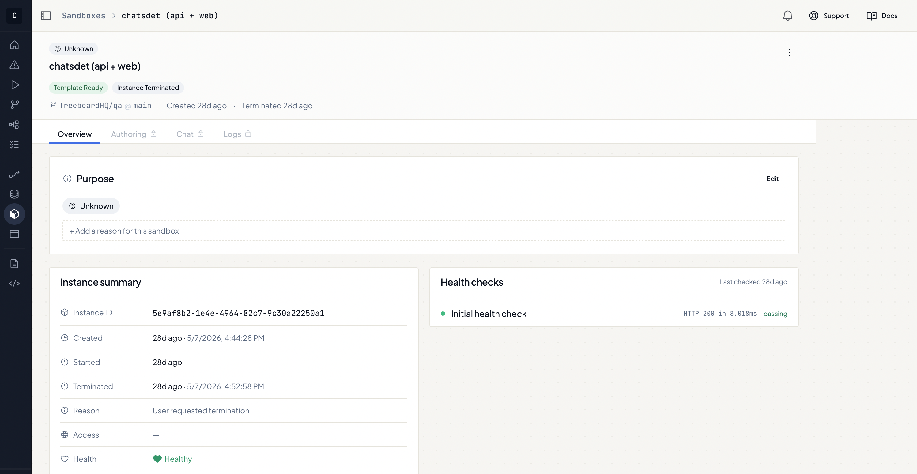 A sandbox instance page — status, instance summary, and passing health checks at a glance