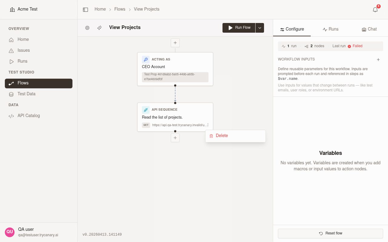 Sandbox template Actions tab showing available template actions