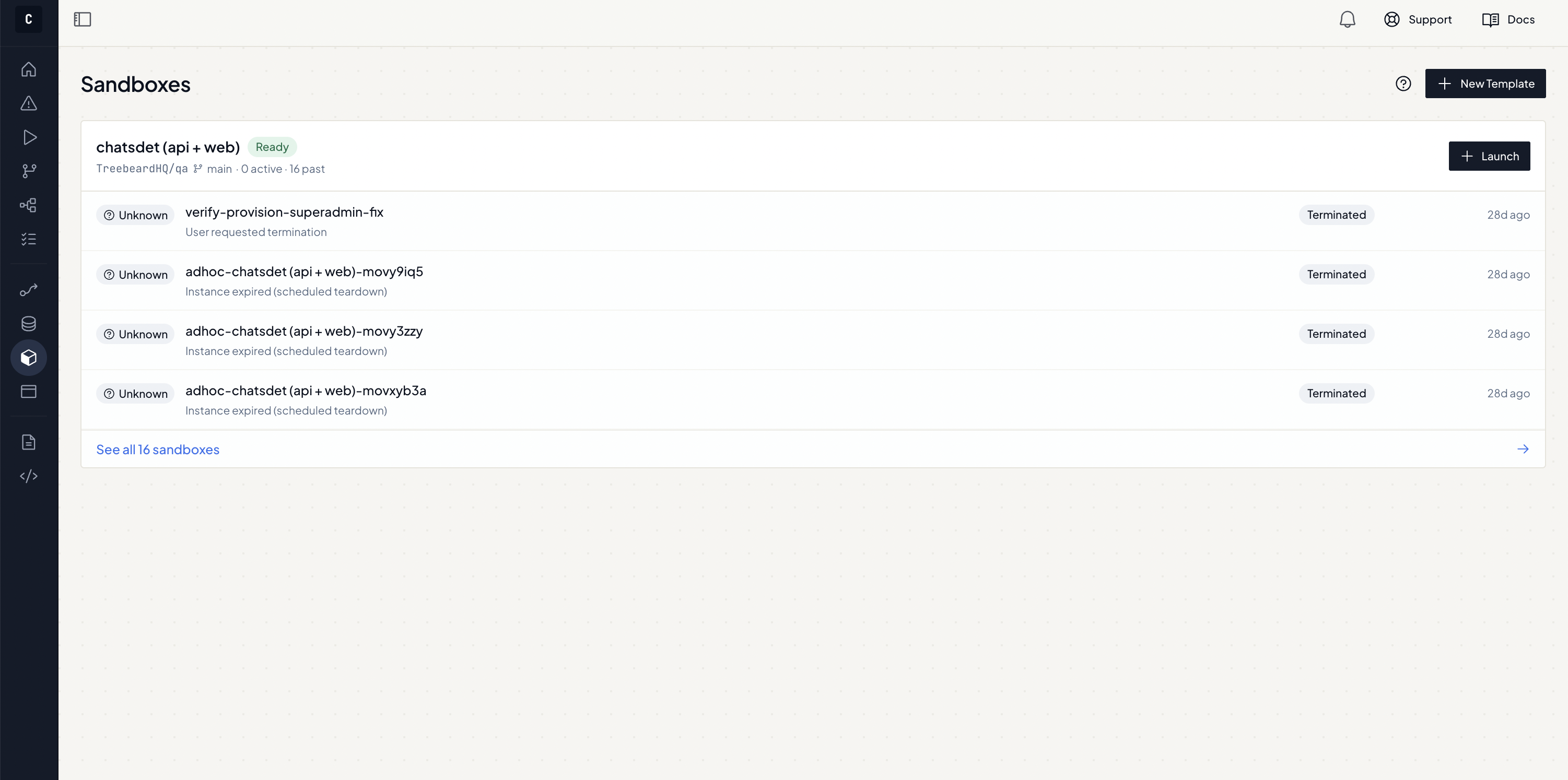 A verified template on the Sandboxes page — Launch provisions a fresh instance; past instances expire and tear down on their own