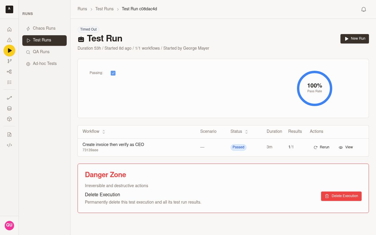 Test run detail page with the Rerun suite action