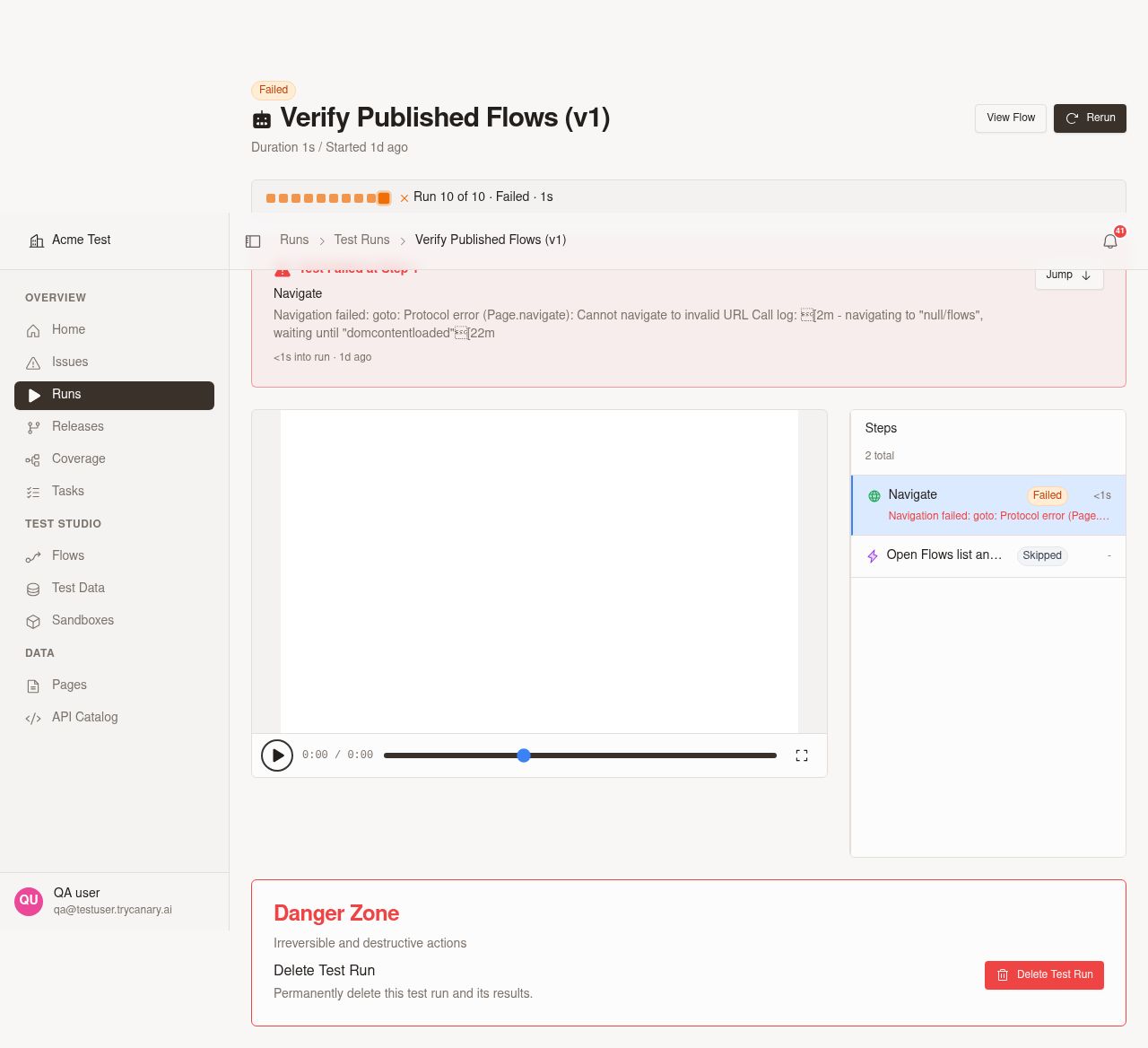 Test run details showing why a recording is unavailable