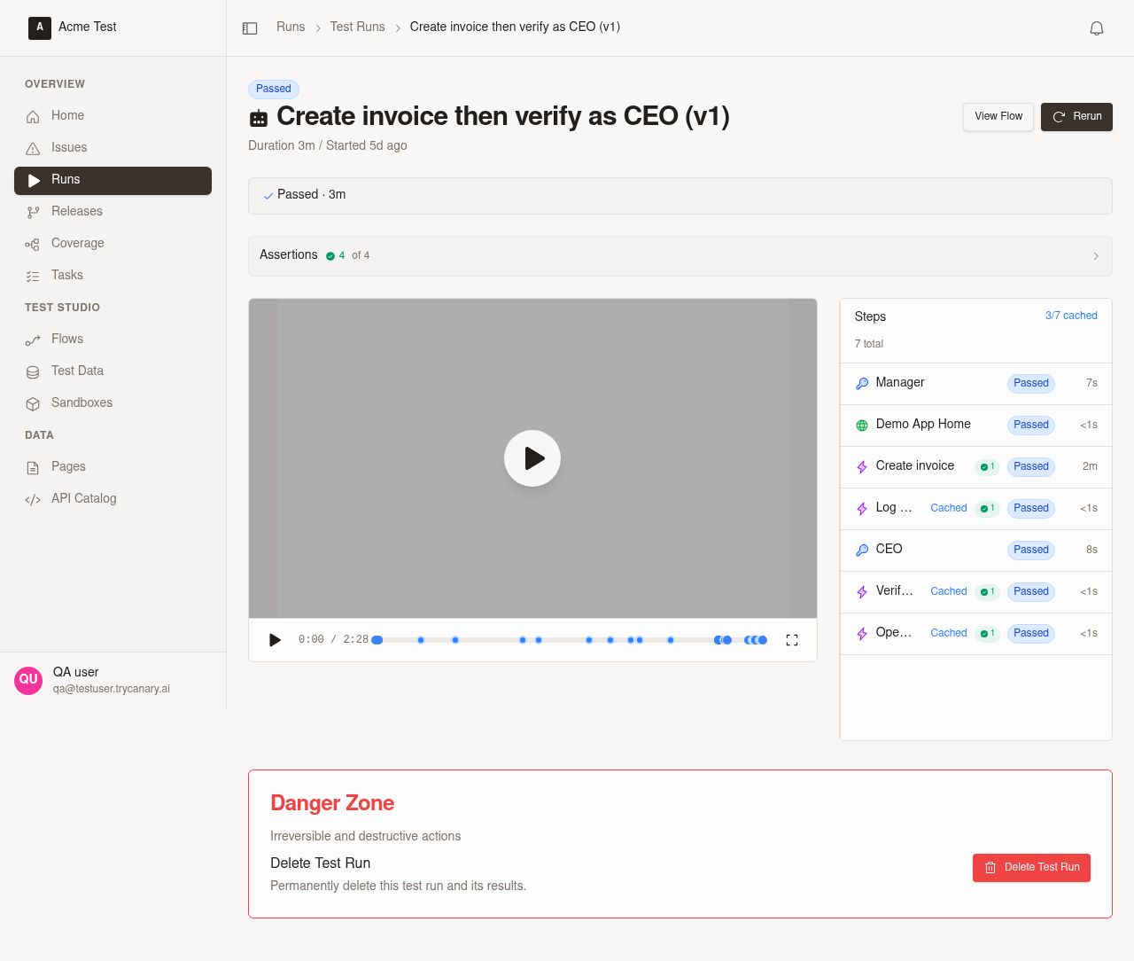 Test run results showing status links to workflow run details