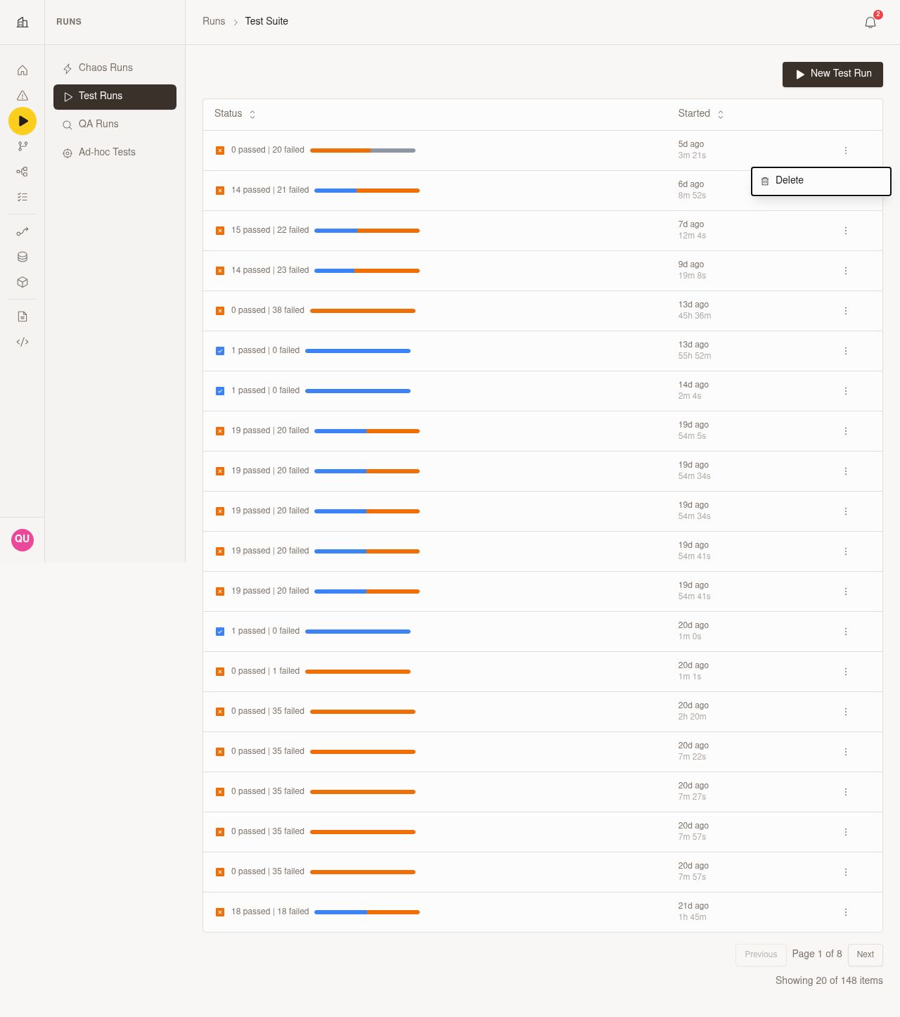 Test run triage tab showing clustered failures and summary guidance